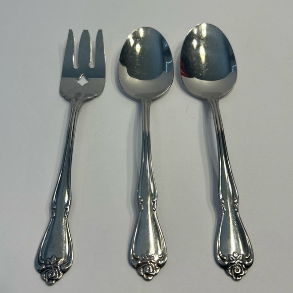 1881 Rogers Other - Oneida Arbor Rose Stainless 3 piece serving Spoons And Meat Fork CANADA
